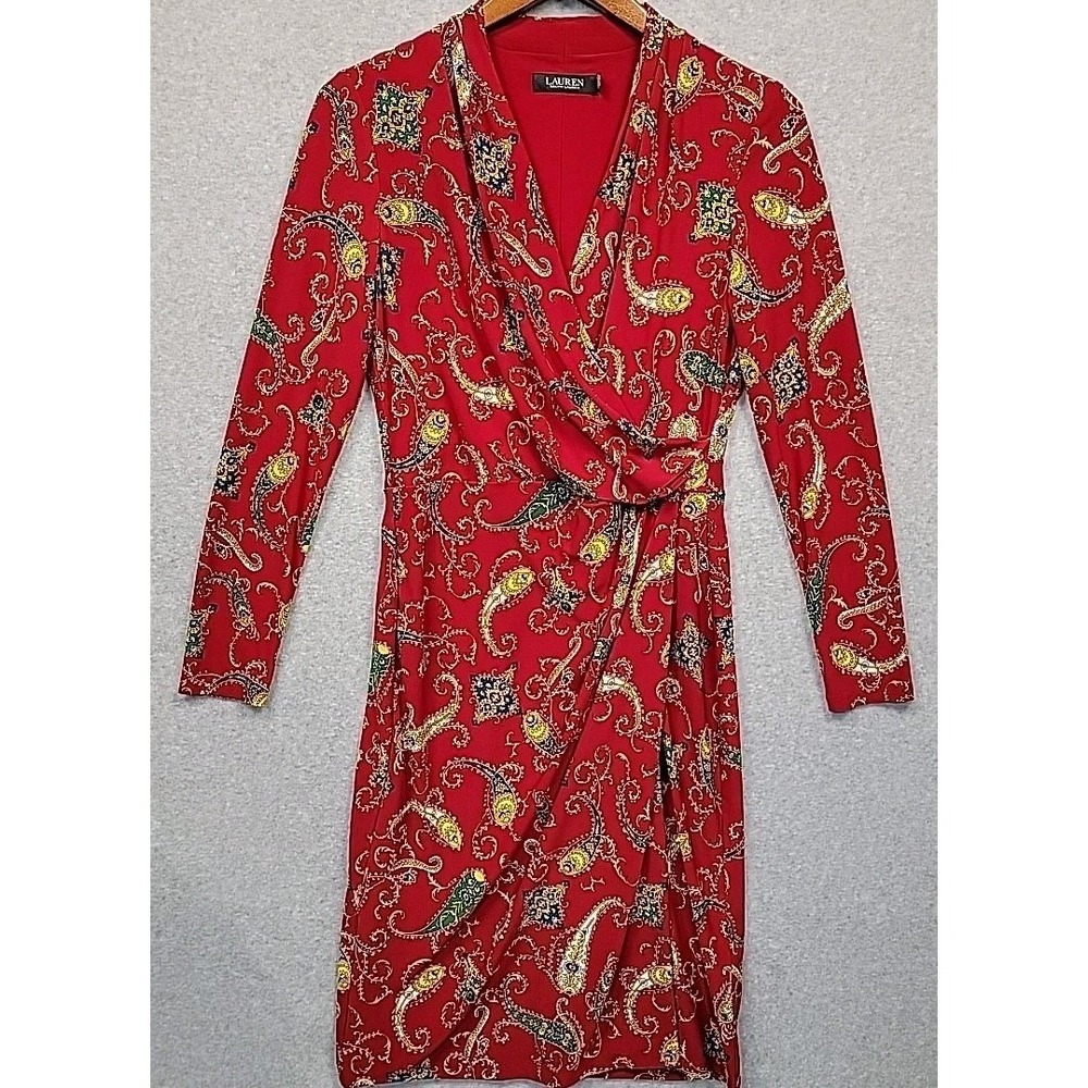 LAUREN RALPH LAUREN Paisley Pleated Surplice Faux Wrap Jersey Dress 6 Red Blue